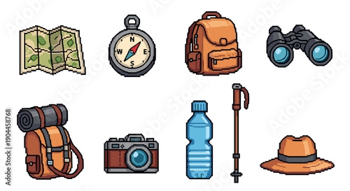 Pixel art camping icons: backpack, map, compass, binoculars, camera, hiking gear