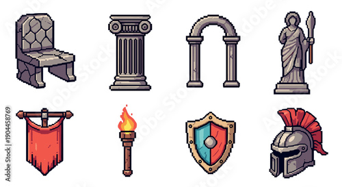 Pixel art ancient rome icons - columns, statues, and symbols