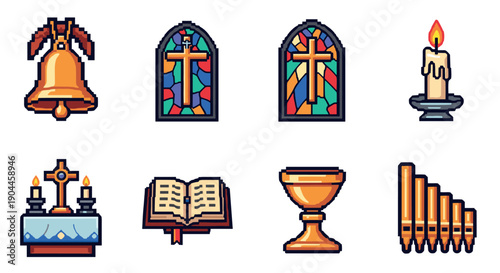 Pixel art church icons: stained glass, cross, candle, altar, bible, chalice, organ