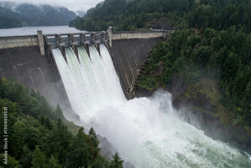 Fototapeta premium Engineering marvel of hydroelectric power station with water gushing from high gates