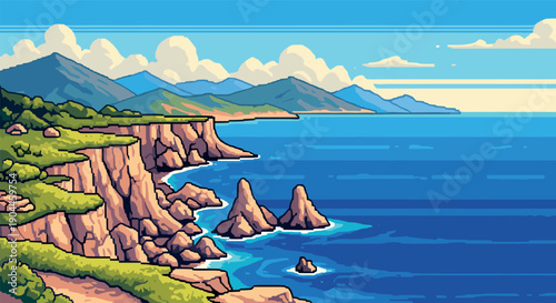 Pixel Art Retro pixel art coastal landscape with cliffs and blue ocean