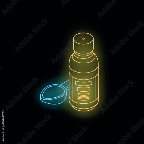 Isometric view of neon medicine bottle with measuring spoon, suitable for healthcare and pharmaceutical topics