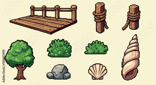 Pixel Art Retro game elements: pixel art nature collection with trees, rocks, and wooden structures