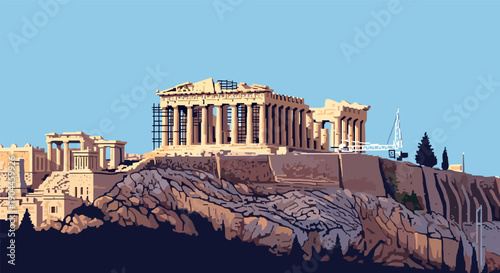 Pixel Art Majestic parthenon under renovation against clear blue sky