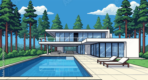 Pixel Art Modern pixel art house with pool and forest view on a sunny day