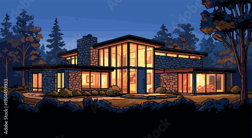 Pixel Art Modern mid-century house with large windows in a forest setting at dusk
