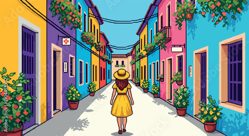 Pixel Art Colorful street with woman in yellow dress in vibrant urban scene