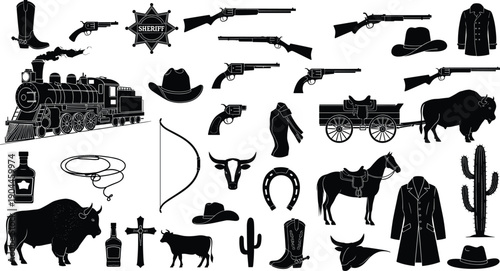 Wild west silhouettes collection, cowboy weapons train horse sheriff hat boots bison cactus, vintage western icons, minimalist black vector illustration isolated