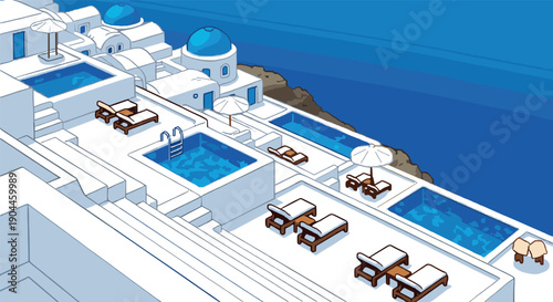 Pixel Art Charming santorini charm with pools and aegean sea in isometric pixel art