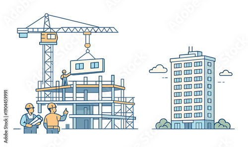 Construction progress: building framework and completed high-rise structure