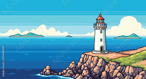 Pixel Art Charming pixel art lighthouse on a rocky coastline with distant islands