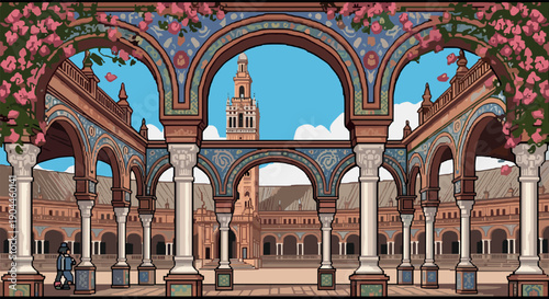 Pixel art courtyard with architectural arches and floral accents