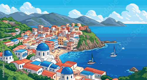 Pixel Art Charming pixel art seaside village with colorful houses and scenic views