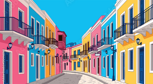 Pixel Art Vibrant city street with colorful buildings and bright blue sky in flat design