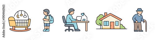 Stages of life: childhood to elderly with symbols