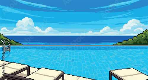 Pixel Art Tranquil infinity pool overlooking ocean in retro 8-bit style