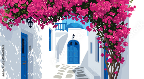 Pixel Art Charming greek alley with pink bougainvillea and blue doors in sunlight