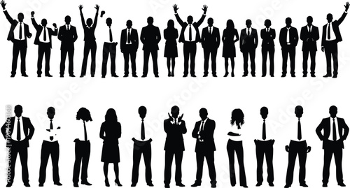 Business people silhouettes collection, diverse professional team standing together, corporate teamwork leadership concept, minimalist black vector illustration isolated on white background