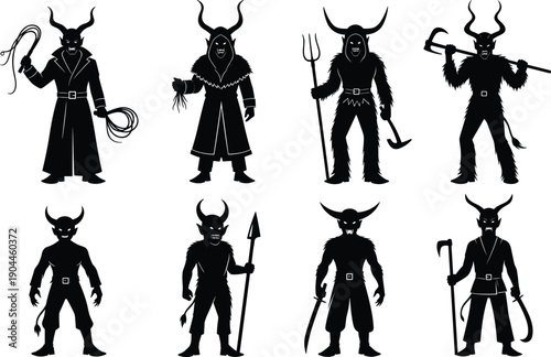 Krampus, devil, demon, silhouettes, collection, mythical, horned, characters, with, weapons, folklore, 