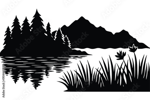 lake shore silhouette vector illustration