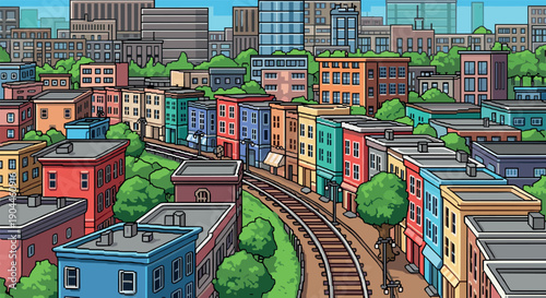 Pixel Art Colorful urban neighborhood with railway and buildings in cartoon style