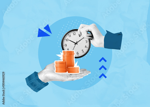 Valokuva Time as money concept with hand holding clock dropping golden coins on background in creative collage style