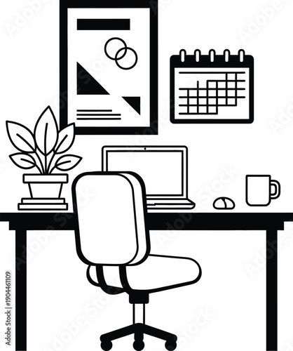 home office workspace with laptop and calendar