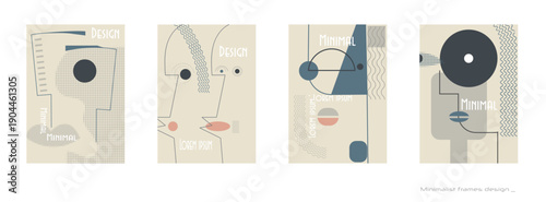 Vector set illustration. Abstract minimal drawing person. Minimal line face, geometric and organic shapes with texture, modern art. Pastel color. Design for poster, print, cover, wallpaper