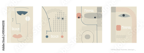 Vector set illustration. Abstract minimal drawing person. Minimal line face, geometric and organic shapes with texture, modern art. Pastel color. Design for poster, print, cover, wallpaper