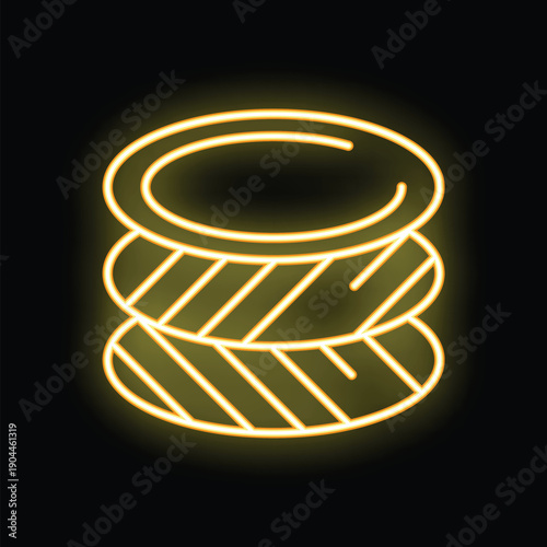 Neon yellow icon of three hard disks glowing on black background