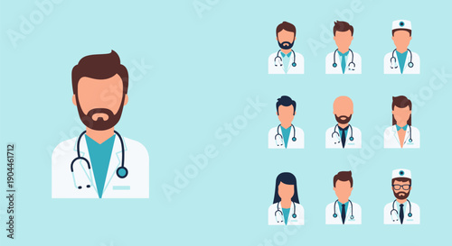 Professional Doctor Avatars and Medical Team Icons. Flat Design Set for Healthcare Staff Representation, Telemedicine, and User Profiles.