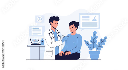 Medical Checkup and Consultation. Doctor Examining Female Patient in Clinic. Primary Healthcare Flat Illustration.