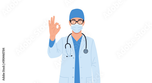 Doctor in Medical Mask and Lab Coat Giving OK Sign. Professional Healthcare Worker Showing Approval, Safety, and Success.