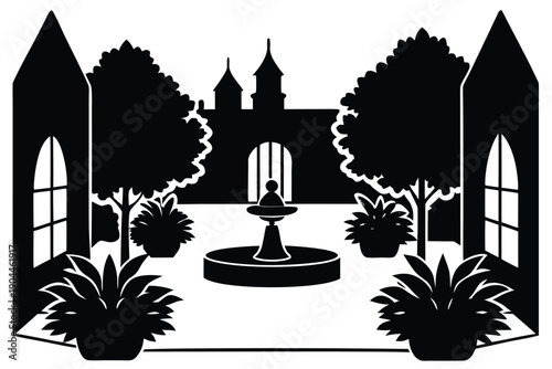 city courtyard garden silhouette vector illustrati