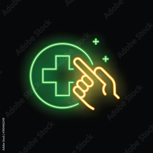 Glowing neon sign with a hand pointing at a medical cross, symbolizing healthcare