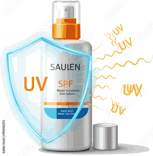 Isolated a realistic Sunscreen UV Protection with a Strong Skin Barrier Shield 3D vector art with white background..