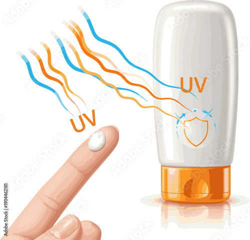 Isolated a realistic Sunscreen reflects UV rays, shielding skin from sun damage and aging vector art  white background.