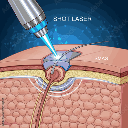 Isolated a realistic Ultherapy or HIFU treatment shot laser to SMAS to lift and tighten skin, Blue science background. 3D rendering vector art.