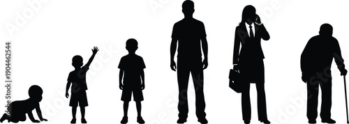 Human life stages silhouette illustration showing growth from infant to elderly person, concept of aging, development, education, biology, society