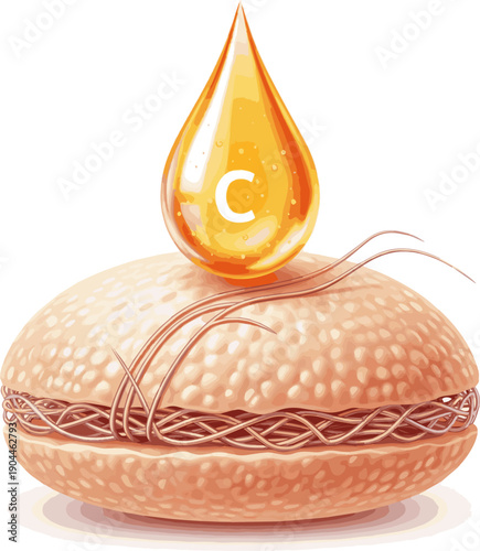 Isolated a realistic Vitamin C serum drop on skin cell for collagen and skin care product. 3D rendering. vector art with white background.