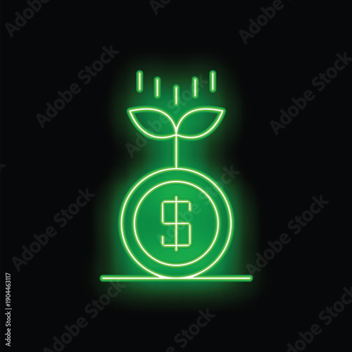 Neon green icon of a plant growing on a coin, being watered, representing the concept of passive income