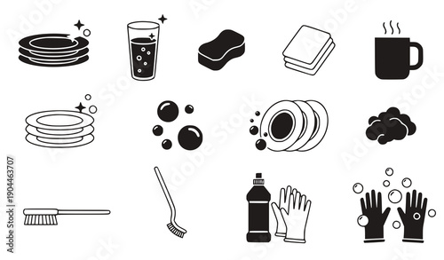 Kitchen Cleaning Icons: Dishes, Soap, Gloves, Sponge, Brush, Mug Flat Design Vector