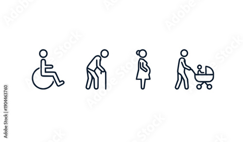 Diverse People Icons: Wheelchair, Senior, Pregnant, Baby Stroller Vector Art