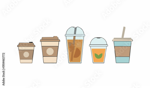 Assorted Coffee and Drink Cups Collection Flat Design Vector Illustration