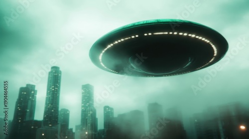 A striking image of a UFO hovering above a city skyline, enveloped in misty green light, evoking feelings of wonder and curiosity about extraterrestrial life.