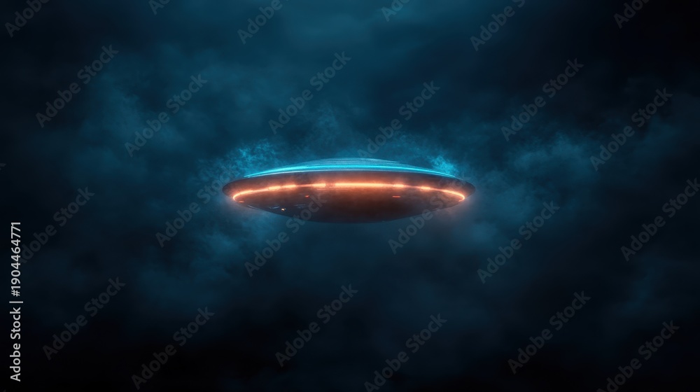 Obraz premium A captivating image of a futuristic UFO emitting a soft glow amidst a dark, cloudy backdrop, evoking intrigue and the mystery of the unknown in the universe.