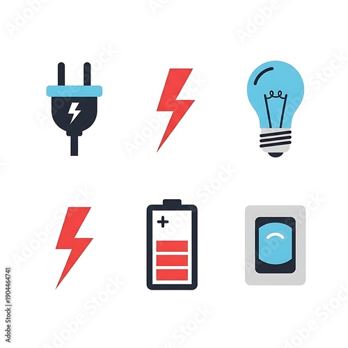 Collection of electricity icons power symbol lightbulb battery plug switch and lightning bolt