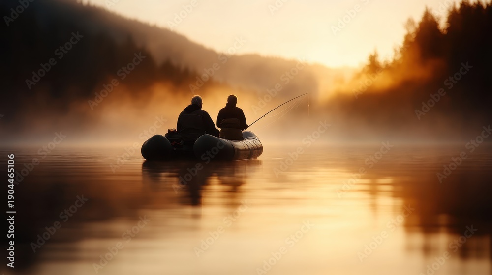 Obraz premium Two fishermen peacefully enjoying a foggy morning on a still lake, embraced by the tranquility of nature as the sun rises over a calm horizon.