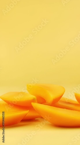 Mango slices gently falling, soft pastel yellow background, tropical fresh look, cinematic slow motion, glossy texture, 4K UHD video