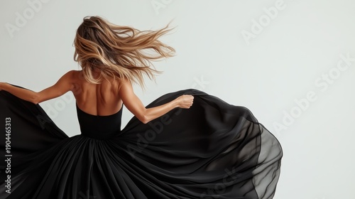 A figure elegantly twirls in a stunning black dress, showcasing the beauty of movement and fashion while conveying a sense of grace and sophistication in artful expression.